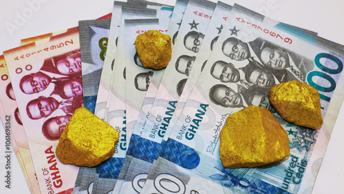 Ghanaian cedi notes and Lump of Gold on white background. Raw golden metal ore, galamsey minning wealthy rich precious mineral photo