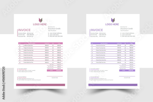 Business invoice form template. Invoicing quotes, money bills or price invoices and payment agreement design templates. vector set.two color invoice template.