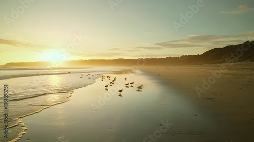 An Elegant Display of Indian Runner Ducks Strolling Along a Peaceful Sandy Beach at Sunset photo