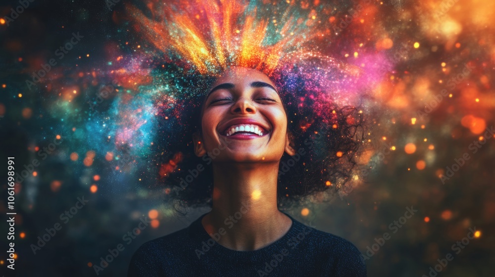 A creative and optimistic state of mind, with colorful bursts of light and abstract shapes surrounding a smiling person, emphasizing the power of positive thinking and mindset shifts A creative and optimistic state of mind, with colorful bursts of light and abstract shapes surrounding a smiling person, emphasizing the power of positive thinking and mindset shifts