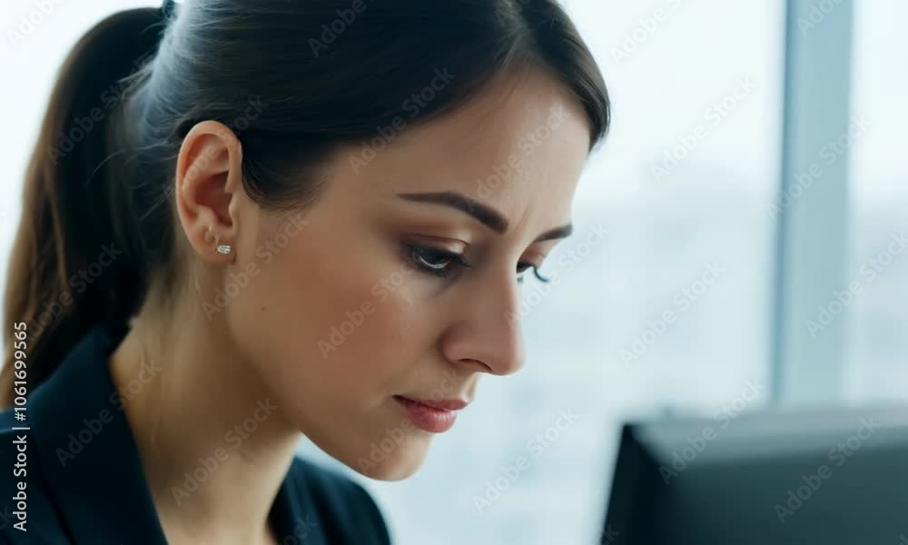 Focused woman working on a computer in a modern office