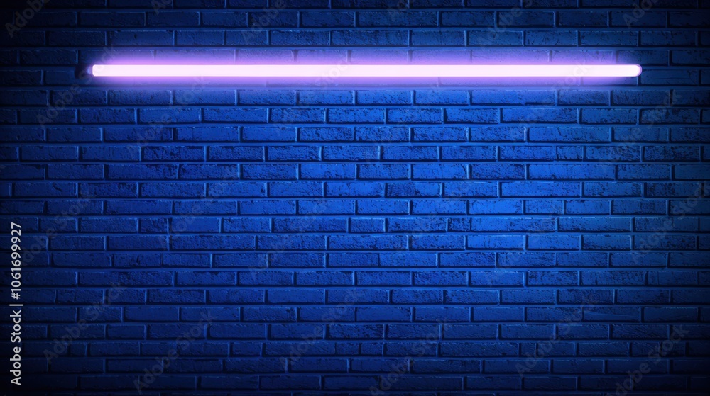 Neon light bar illuminates a textured blue brick wall Neon light bar illuminates a textured blue brick wall