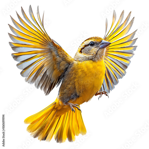 A stock photo of a yellow warbler with its wings spread against a transparent background