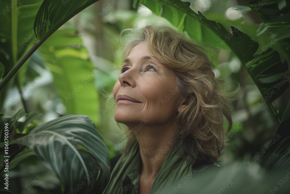 portrait of a woman in the jungle. close up of relaxing, enjoying life woman, self care, mindfulness. portrait in nature. AI Generated