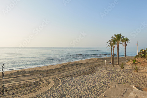 View of Santa Ana beach at Cape Bil Bil, Benalmadena, Malaga, empty, with sand, palm trees and the horizon on the Mediterranean Sea