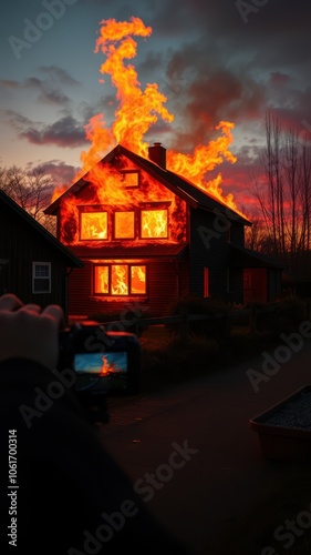 A photographer captures the fiery spectacle of a house engulfed in flames, the orange glow illuminating the night sky