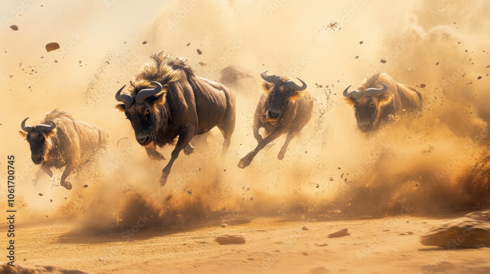 A desert wildlife scene featuring a group of animals running through a dusty landscape, with sand and dust clouds trailing behind them, creating a sense of movement and action