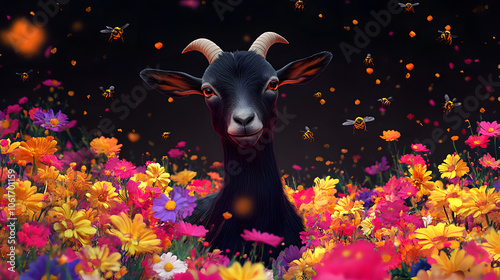 Adorable LaMancha Goat Exploring a Vibrant Flower Garden Buzzing with Life and Color