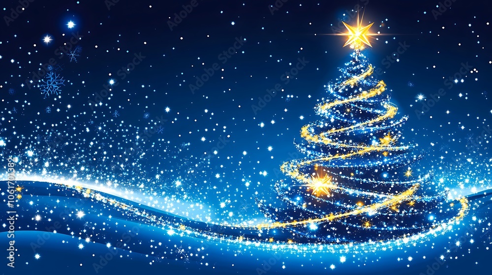 A sparkling Christmas tree with a star on top, set against a blue snowy background. A sparkling Christmas tree with a star on top, set against a blue snowy background.