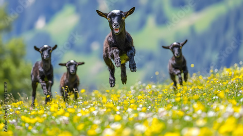 Joyful Young Valais Blackneck Goat Leaping in the Meadow Surrounded by Friends in a Vibrant Swiss Landscape, Emphazising Pure Exuberance photo