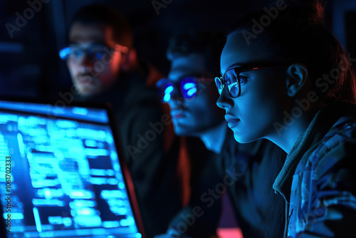 Software Developers Coding in Neon Lit Room