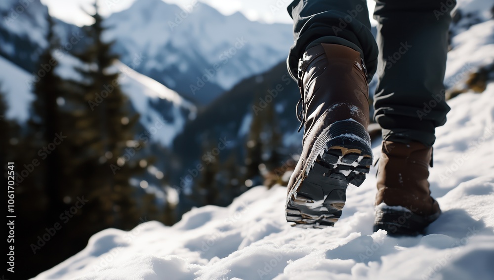 Gros plan des pieds d'un randonneur en bottes de randonnée marchant sur un sentier de montagne, un concept d'aventure dans la nature. Gros plan des pieds d'un randonneur en bottes de randonnée marchant sur un sentier de montagne, un concept d'aventure dans la nature.