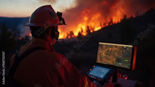 A fire unit chief directing operations at the scene of a wildfire, using technology to monitor fire activity and instruct firefighters on how to contain the spread photo