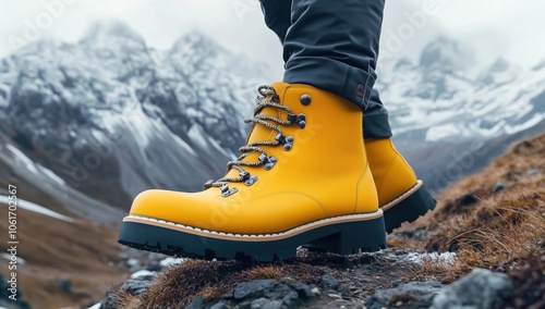 Gros plan de chaussures de randonnée de couleur jaune marchant sur un sentier, avec des montagnes enneigées en arrière-plan. photo