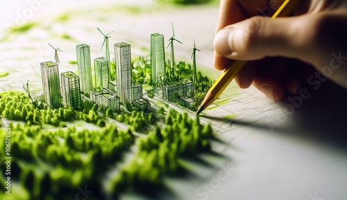 Un designer respectueux de l'environnement dessinant une ville verte avec des gratte-ciels et des éoliennes sur un plan. Concept de bâtiment écologique et de développement durable.