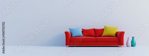 Un canapé confortable rouge avec des coussins colorés contre un mur bleu vide dans la décoration intérieure minimaliste d'un salon moderne avec plante dans un pot, image avec espace pour texte.