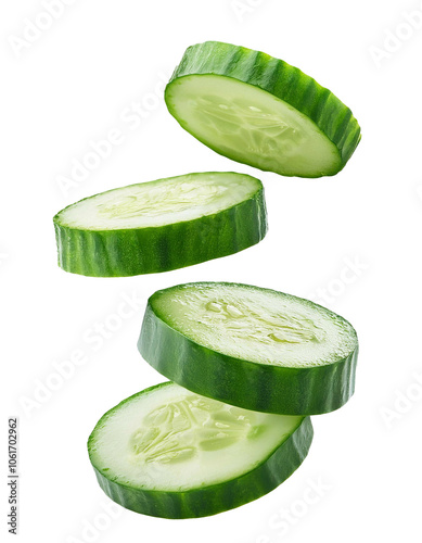 Fresh cucumber slices falling on transparent background
