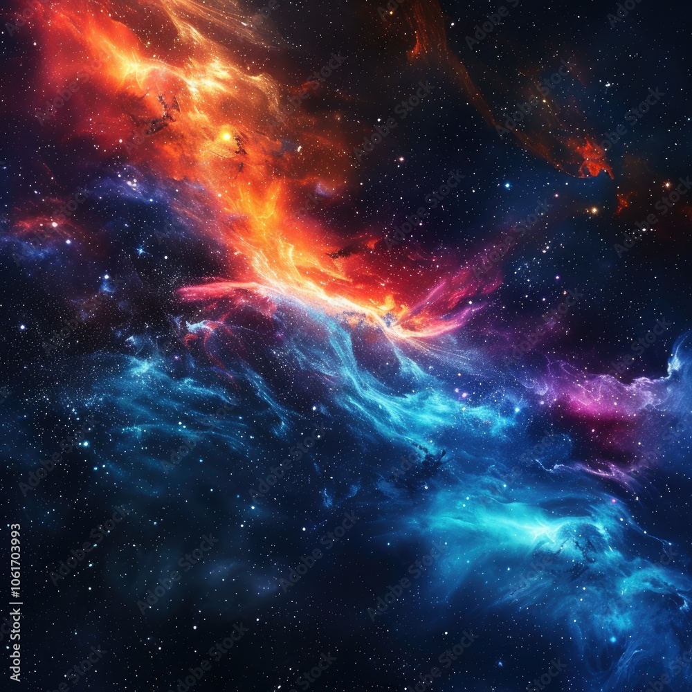 A vibrant nebula with swirling clouds of gas and dust in a deep space setting.