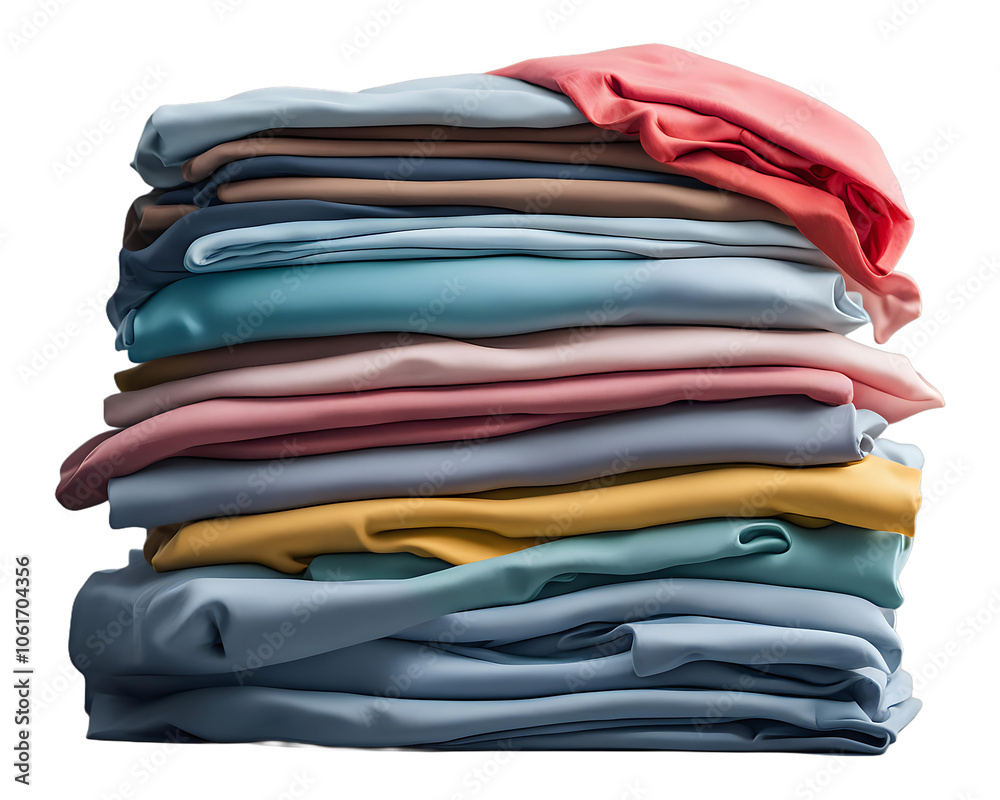 Pile of neatly folded, colorful clothes stacked together. Ideal for concepts of organization, laundry, and home storage solutions. Cut without a background. Pile of neatly folded, colorful clothes stacked together. Ideal for concepts of organization, laundry, and home storage solutions. Cut without a background.