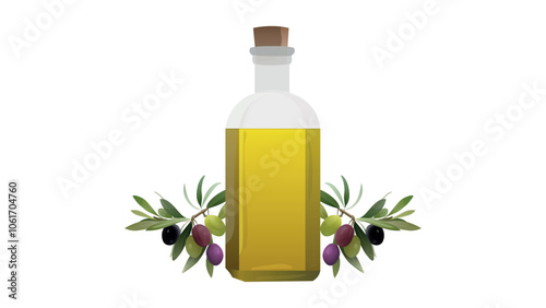 Olive oil in a bottle with green, black and purple olives and leaves. Olive oil bottle and olives on branch.  Natural healthy food product ads template. Flat lay olive oil ads. isolated on white. 