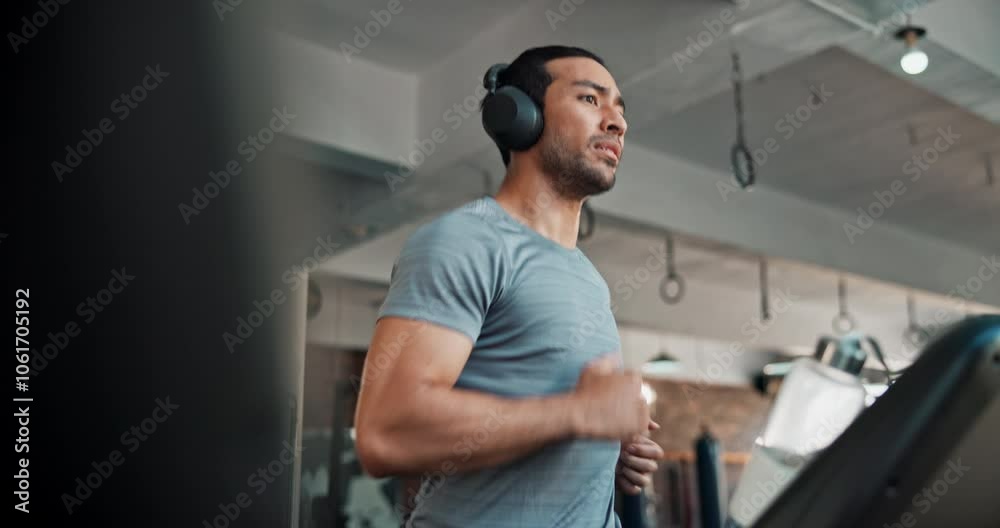 Man, training and running on treadmill for exercise, fitness or cardio workout with headphones at gym. Active, runner and sports person with endurance, health podcast and athlete challenge with music Man, training and running on treadmill for exercise, fitness or cardio workout with headphones at gym. Active, runner and sports person with endurance, health podcast and athlete challenge with music
