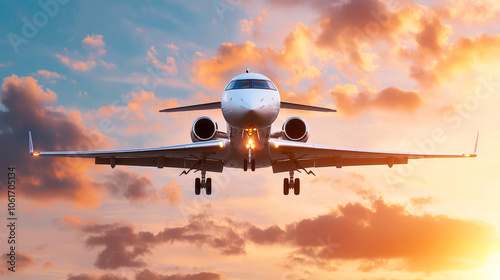 A private international medical transport jet landing at an international airport, with a ground team ready to receive the patient