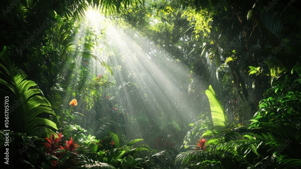 Obraz premium A dense forest with a rich variety of plants, where towering trees create a thick canopy. Sunlight barely penetrates, casting a dim, shadowy light over the lush undergrowth and moss-covered ground.