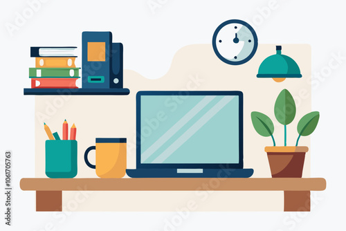 Home Office Desk with Laptop and Coffee Mug on white background 