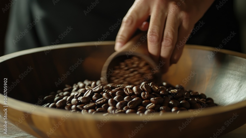 A barista hand scooping coffee beans from a large wooden bowl, with a focus on the deep brown, glossy beans. The background is slightly blurred. A barista hand scooping coffee beans from a large wooden bowl, with a focus on the deep brown, glossy beans. The background is slightly blurred.