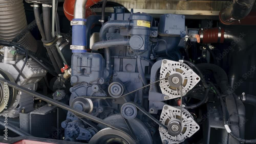 The engine compartment comes to life as the engine hums, showcasing generators and compressors. Smooth camera movements reveal the mechanical beauty at work within the bus. The engine compartment comes to life as the engine hums, showcasing generators and compressors. Smooth camera movements reveal the mechanical beauty at work within the bus.