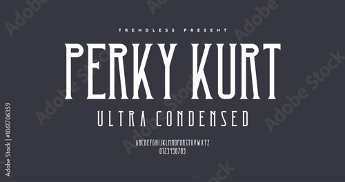 Perky Kurt: A condensed vintage serif font with a stylish, classic flair. Full uppercase alphabet perfect for editorial and retro themes. Vector illustration.