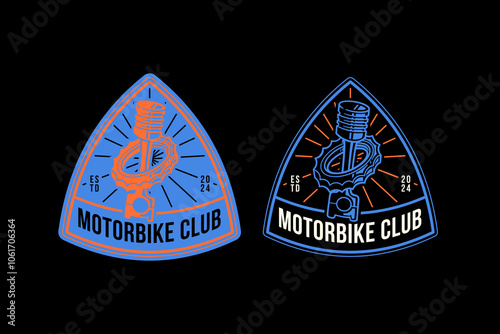 mechanism gear with piston engine retro badge logo design for garage, workshop, spare part, extreme sport. cogwheel engine with cylinder steel emblem logo collection for racer, motorcycle, rider