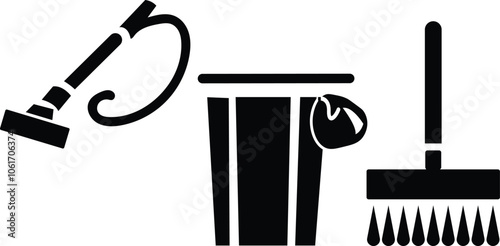 Black silhouette icons of cleaning equipment, including a vacuum, trash can, and rake. Perfect for cleaning, maintenance, and sanitation themes.