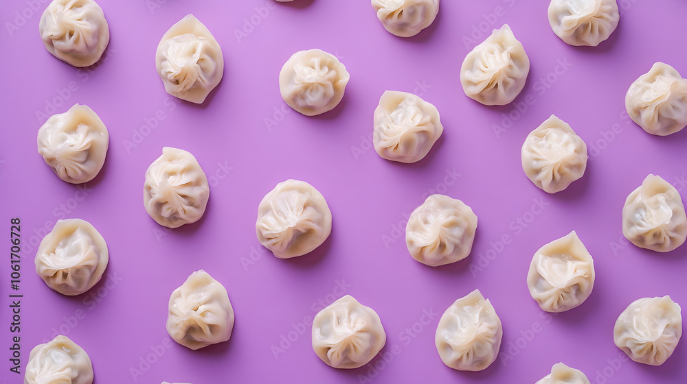 overhead view of Baozi ,asian dumplings, dim sum, ravioli, buuz, pelmeni, pyanse, khinkali or manti isolated on purple background, concept for cooking