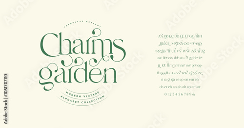 Charms Garden: Classic minimal typography with a modern serif touch. Elegant letters, ligatures, and numbers perfect for fashion and luxury designs. Vector illustration.