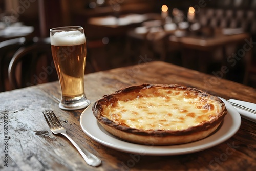 Close-up of Tarte au Maroilles with golden, bubbling cheese on a white plate, on a rustic wooden table with a fork, knife, and beer. A cozy Flemish restaurant adds warmth in the background photo