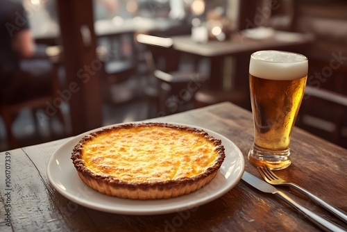 Close-up of Tarte au Maroilles with golden, bubbling cheese on a white plate, on a rustic wooden table with a fork, knife, and beer. A cozy Flemish restaurant adds warmth in the background photo