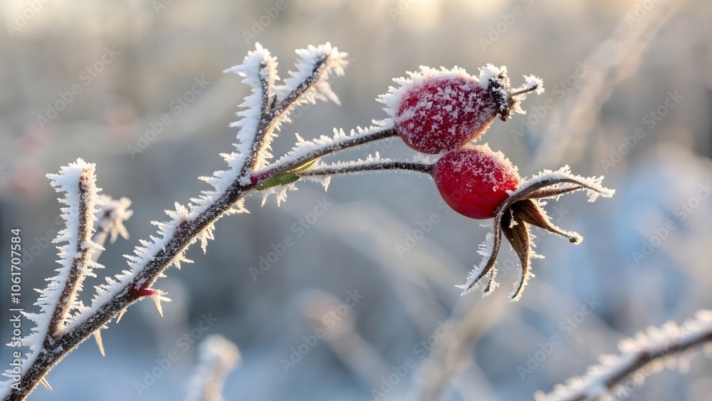 Close-up of a single red rose hip encased in frost on a snow-covered branch. Close-up of a single red rose hip encased in frost on a snow-covered branch.
