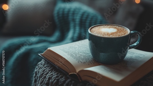 A hot cup of coffee with a rich crema on top, placed next to a book on a cozy table, capturing the warmth and comfort of a coffee break photo