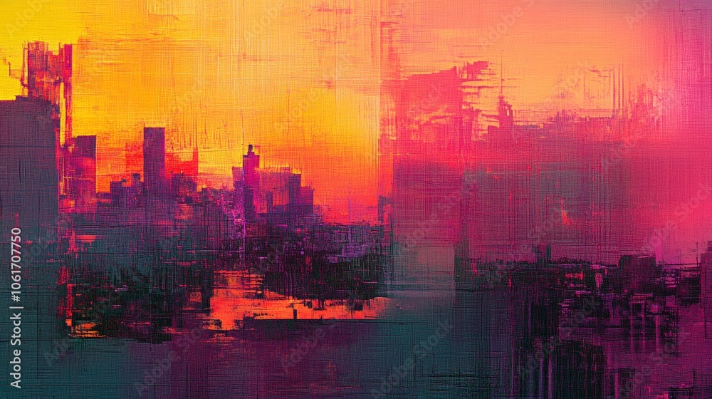 Fototapeta premium Abstract Cityscape Sunset Digital Art Urban Contemporary Modern Painting
