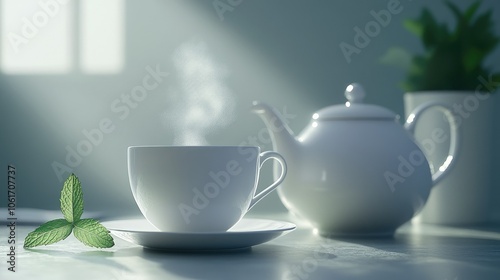 White porcelain cup of herbal tea with steam, set against a minimalistic background with a teapot and fresh mint leaves for a refreshing feel.