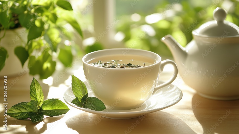 A hot herbal tea in a porcelain cup, with loose leaves and a teapot on the side, evoking a sense of calm and relaxation A hot herbal tea in a porcelain cup, with loose leaves and a teapot on the side, evoking a sense of calm and relaxation