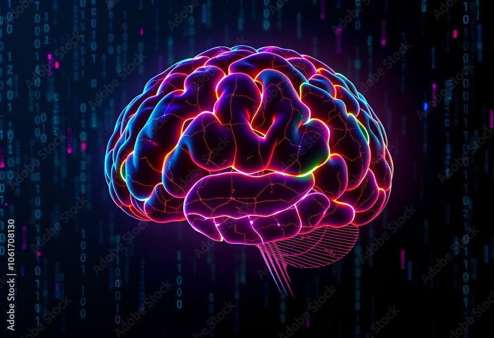 Illustration of a brain illuminated with RGB lights in the dark. The ...