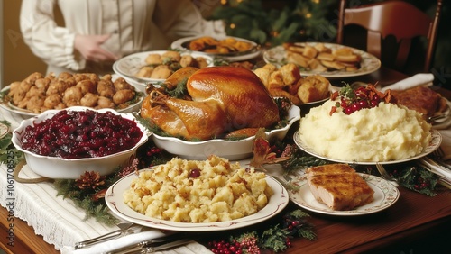 Thanksgiving table with a spread of traditional dishes like turkey mashed potatoes and cranberry sauce, family members gathering to share a holiday meal