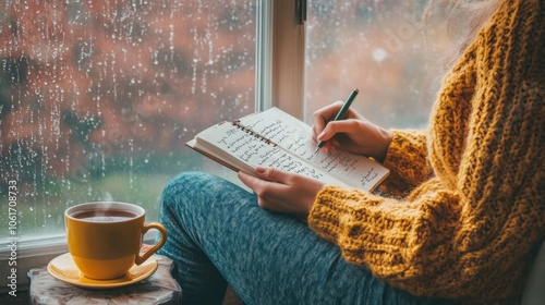 A journaling for relaxation scene with a person sitting by a window, writing in a notebook with a cup of tea nearby, reflecting on thoughts and emotions
