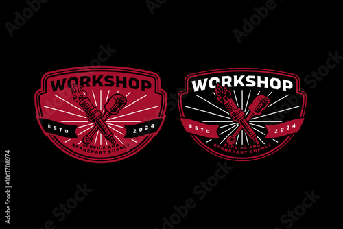 piston with sparking plug fire crossed retro badge logo design for garage, spare part, extreme sport. cylinder with sparking plug flame crossed emblem logo collection for racer, motorcycle, rider