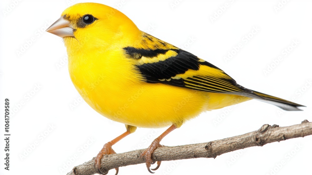 Obraz premium Yellow Canary Bird Perched on Branch Isolated on White Background