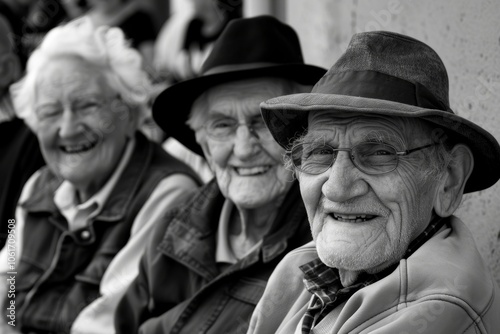 Old people in the street, black and white photo. Selective focus.