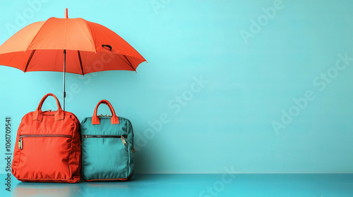 Travel protections commerce concept Ruddy umbrella cover plane and bags on blue foundation Travel protections covers misfortune bag flight delays cancellations mischance and therap
