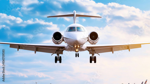 A private international medical transport jet landing at an international airport, with a ground team ready to receive the patient